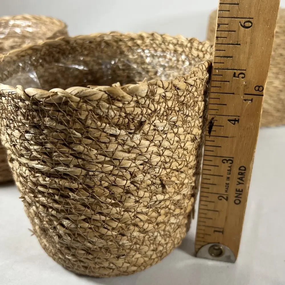 Set of 3 Rope Jute Wicker Grass Plastic Lined Plant Baskets Holders 5-5.75” Pots